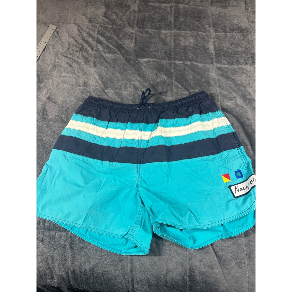 Newport Blue Mens Vintage Swim Trunks Teal Navy Striped Nautical Flags Large